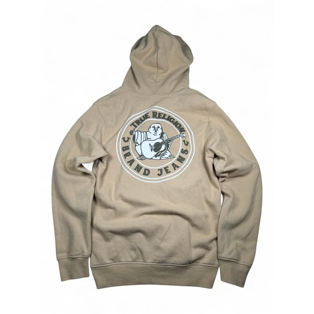 True Religion Mens Tan Buddha Graphic Full Zip Hoodie Horseshoe Logo Size Medium